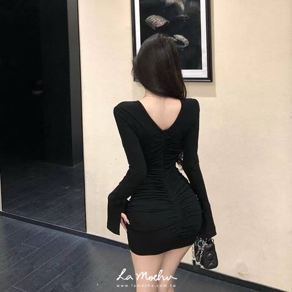 兩穿拉鍊抓皺V領洋裝